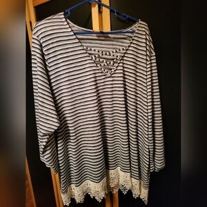 3X Striped V-Neck Sweater With Lace Details